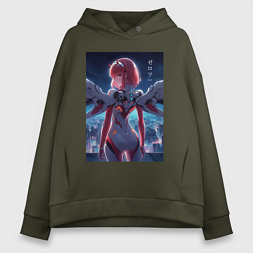 Женское худи оверсайз Zero two - Darling in the Franxx - cyberpunk / Хаки – фото 1
