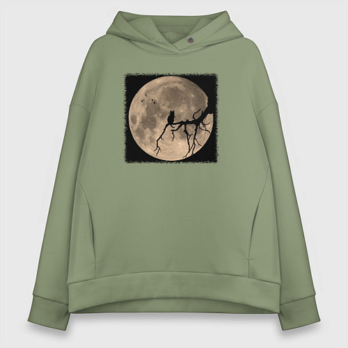 Женское худи оверсайз Кот смотрит на луну / Авокадо – фото 1