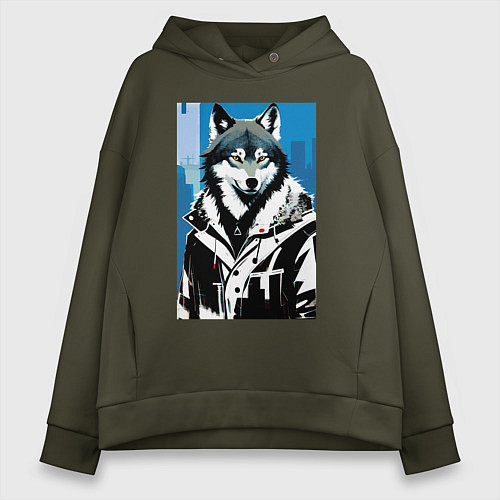 Женское худи оверсайз Волк в мегаполисе - нейроарт / Хаки – фото 1