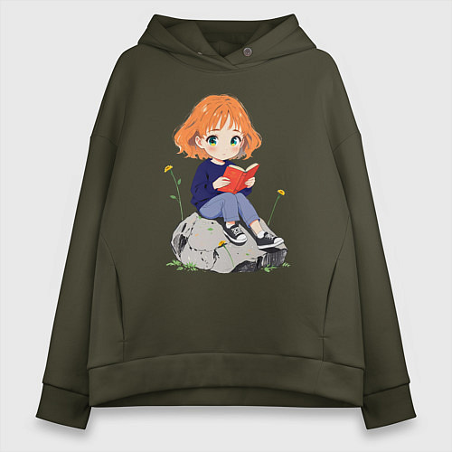 Женское худи оверсайз Рыжая девушка читает книгу / Хаки – фото 1