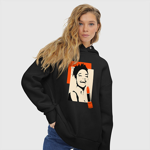 Женское худи оверсайз Девушка с помадой в стиле поп-арт / Черный – фото 3