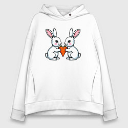 Толстовка оверсайз женская Зайчики с морковкой в виде сердечка, цвет: белый
