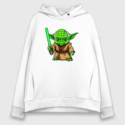 Толстовка оверсайз женская Маленький зеленый Йода с мечем, цвет: белый