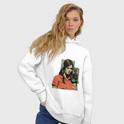 Толстовка оверсайз женская Девушка у винтажного телефона поп-арт 1970-е, цвет: белый — фото 2
