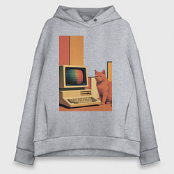 Толстовка оверсайз женская Рыжий кот сидит у старого компьютера ретро поп-арт, цвет: меланж