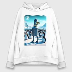 Толстовка оверсайз женская Робот-сгибальщик Бендер в Антарктиде с пингвинами, цвет: белый