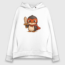 Толстовка оверсайз женская Маленький пингвин супергерой с мечем, цвет: белый