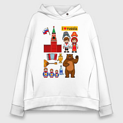 Толстовка оверсайз женская I love Russia, стереотипные символы, цвет: белый