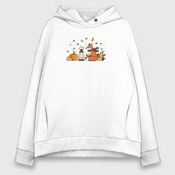 Толстовка оверсайз женская Лиса с тыквами и фонарём, цвет: белый