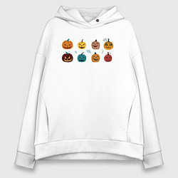 Толстовка оверсайз женская Разноцветные тыквы Джека на Хэллоуин, цвет: белый