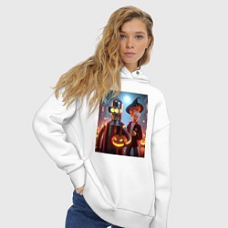 Толстовка оверсайз женская Бендер и Фрай в шляпе - ночь на хэллоуин, цвет: белый — фото 2