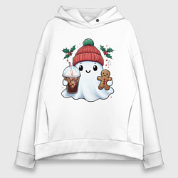 Толстовка оверсайз женская Милое новогоднее привидение с кофе и имбирным прян, цвет: белый