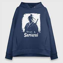 Толстовка оверсайз женская Портрет самурая, цвет: тёмно-синий