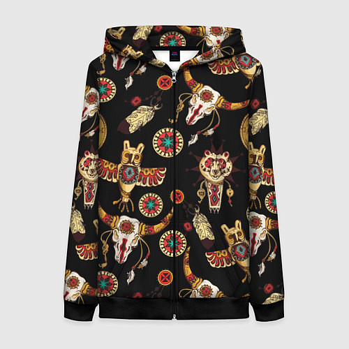 Женская толстовка на молнии Индейские культовые символы / 3D-Черный – фото 1