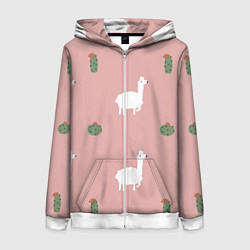 Толстовка на молнии женская Лама и кактусы, цвет: 3D-белый