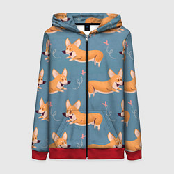 Толстовка на молнии женская Корги с бабочкой, цвет: 3D-красный