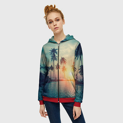 Женская толстовка на молнии Пальмы / 3D-Красный – фото 3