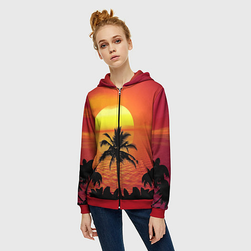 Женская толстовка на молнии Пальмы на фоне моря / 3D-Красный – фото 3