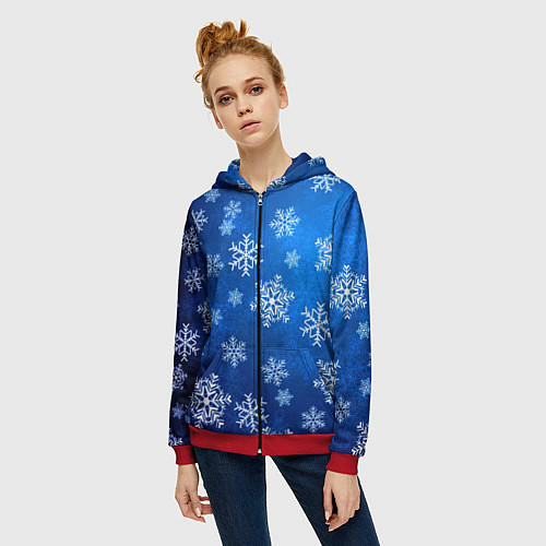 Женская толстовка на молнии Новый Год Снежинки / 3D-Красный – фото 3