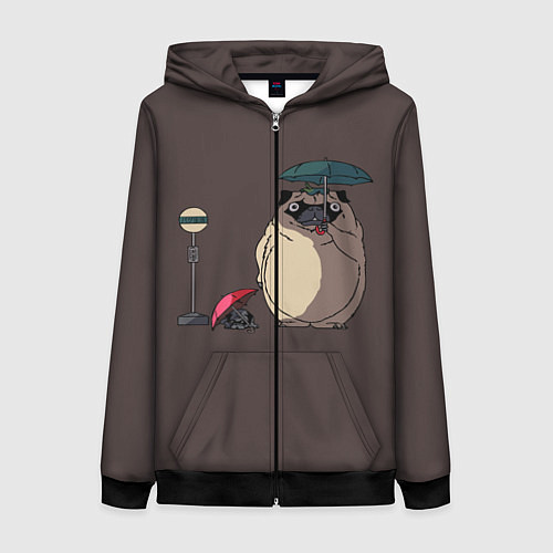 Женская толстовка на молнии Мопсы на остановке в стиле Тоторо / 3D-Черный – фото 1