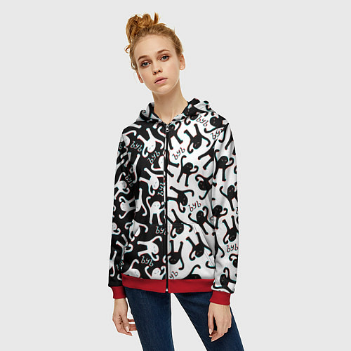 Женская толстовка на молнии МЕМ КОТ ЪУЪ СЪУКА / 3D-Красный – фото 3