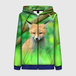 Толстовка на молнии женская Лисенок в зеленом лесу, цвет: 3D-синий