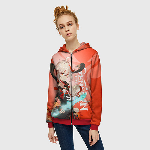 Женская толстовка на молнии Genshin Impact, Кадзуха / 3D-Красный – фото 3