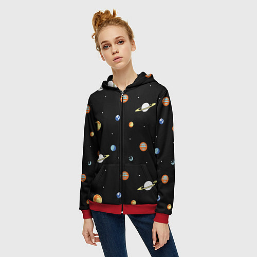 Женская толстовка на молнии Планеты в космосе / 3D-Красный – фото 3