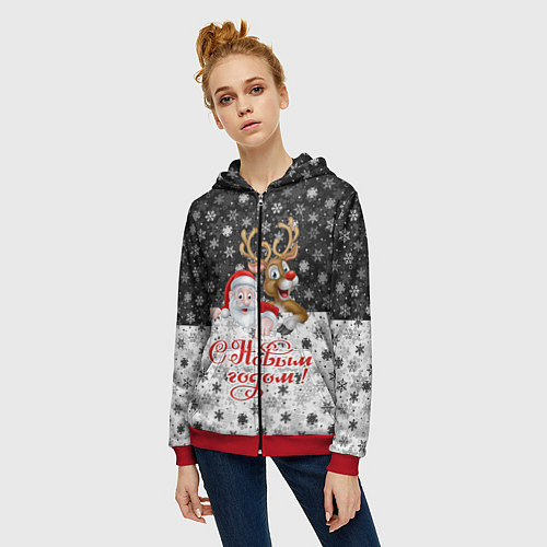 Женская толстовка на молнии С Новым Годом дед мороз и олень / 3D-Красный – фото 3