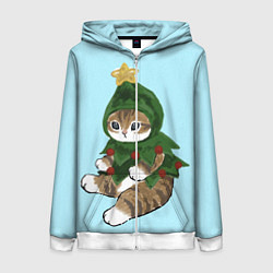 Толстовка на молнии женская Кот-ёлочка, цвет: 3D-белый