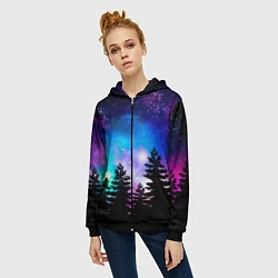 Толстовка на молнии женская Космический лес, елки и звезды, цвет: 3D-черный — фото 2