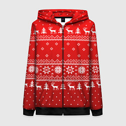 Толстовка на молнии женская Красный узор с оленями, цвет: 3D-черный