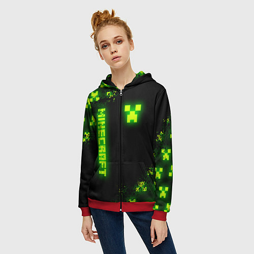 Женская толстовка на молнии MINECRAFT NEON LOGO CREEPER / 3D-Красный – фото 3