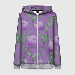Толстовка на молнии женская Фиолетовые тюльпаны с зелеными листьями, цвет: 3D-меланж