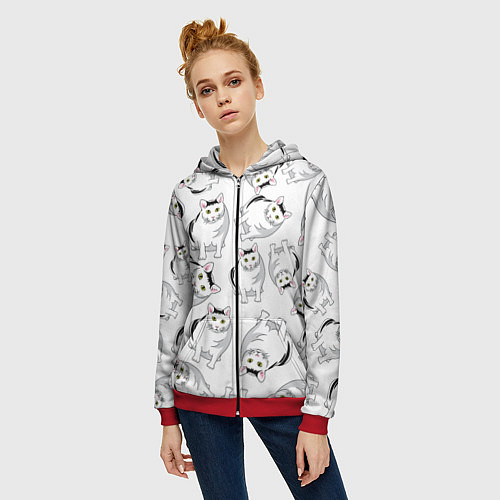 Женская толстовка на молнии КОТИКИ МЕМ МЯУ / 3D-Красный – фото 3