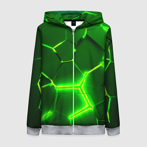 Женская толстовка на молнии 3D ПЛИТЫ НЕОН NEON GREEN HEXAGON РАЗЛОМ / 3D-Меланж – фото 1