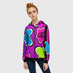 Толстовка на молнии женская Яркий абстрактный узор в стиле 90х, неоновые цвета, цвет: 3D-черный — фото 2