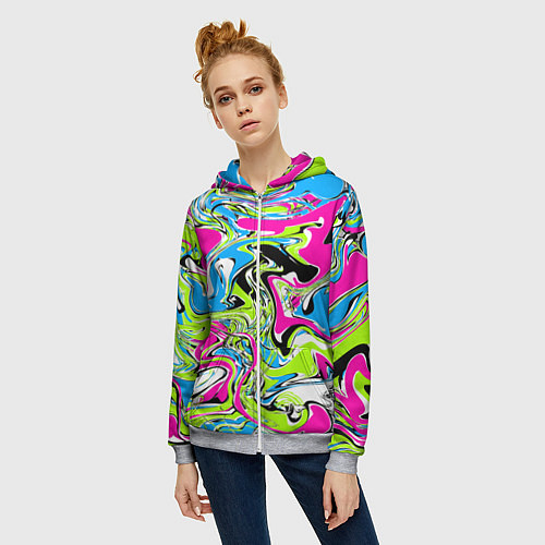 Женская толстовка на молнии Абстрактные мраморные разводы в ярких цветах Поп а / 3D-Меланж – фото 3