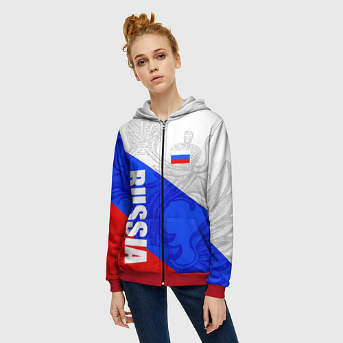 Женская толстовка на молнии RUSSIA - SPORTWEAR - ТРИКОЛОР / 3D-Красный – фото 3