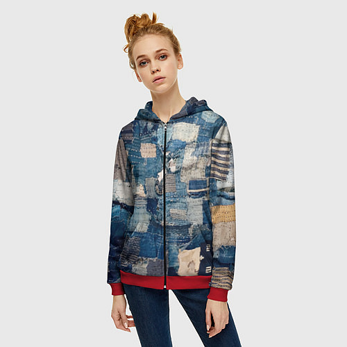 Женская толстовка на молнии Patchwork Jeans Осень Зима 2023 / 3D-Красный – фото 3