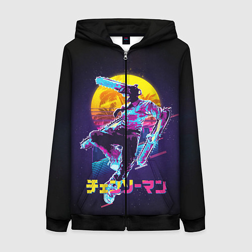 Женская толстовка на молнии CHAINSAW MAN on the background of the moon / 3D-Черный – фото 1