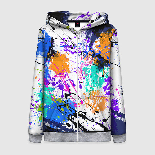 Женская толстовка на молнии Брызги и мазки разноцветных красок на белом фоне / 3D-Меланж – фото 1