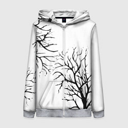 Толстовка на молнии женская Черные ветки деревьев на белом фоне, цвет: 3D-меланж