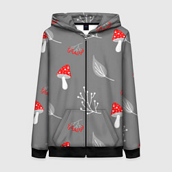 Толстовка на молнии женская Грибочки на сером фоне, паттерн, цвет: 3D-черный