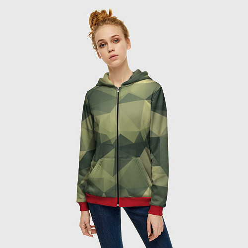 Женская толстовка на молнии 3д полигоны - камуфляж / 3D-Красный – фото 3