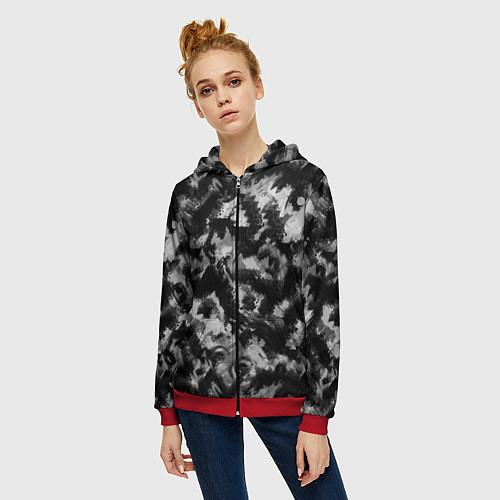 Женская толстовка на молнии Черно-белый абстрактный камуфляж / 3D-Красный – фото 3