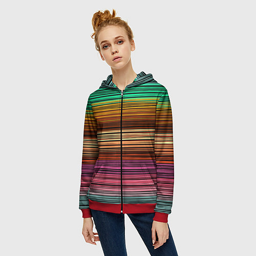 Женская толстовка на молнии Multicolored thin stripes Разноцветные полосы / 3D-Красный – фото 3