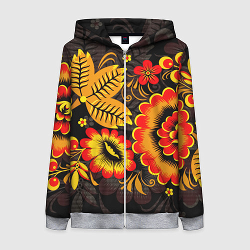 Женская толстовка на молнии Хохломская Роспись Цветы На Тёмном Фоне / 3D-Меланж – фото 1