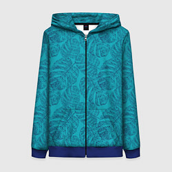 Женская толстовка на молнии Синие листья монстеры на голубом