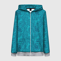 Женская толстовка на молнии Синие листья монстеры на голубом